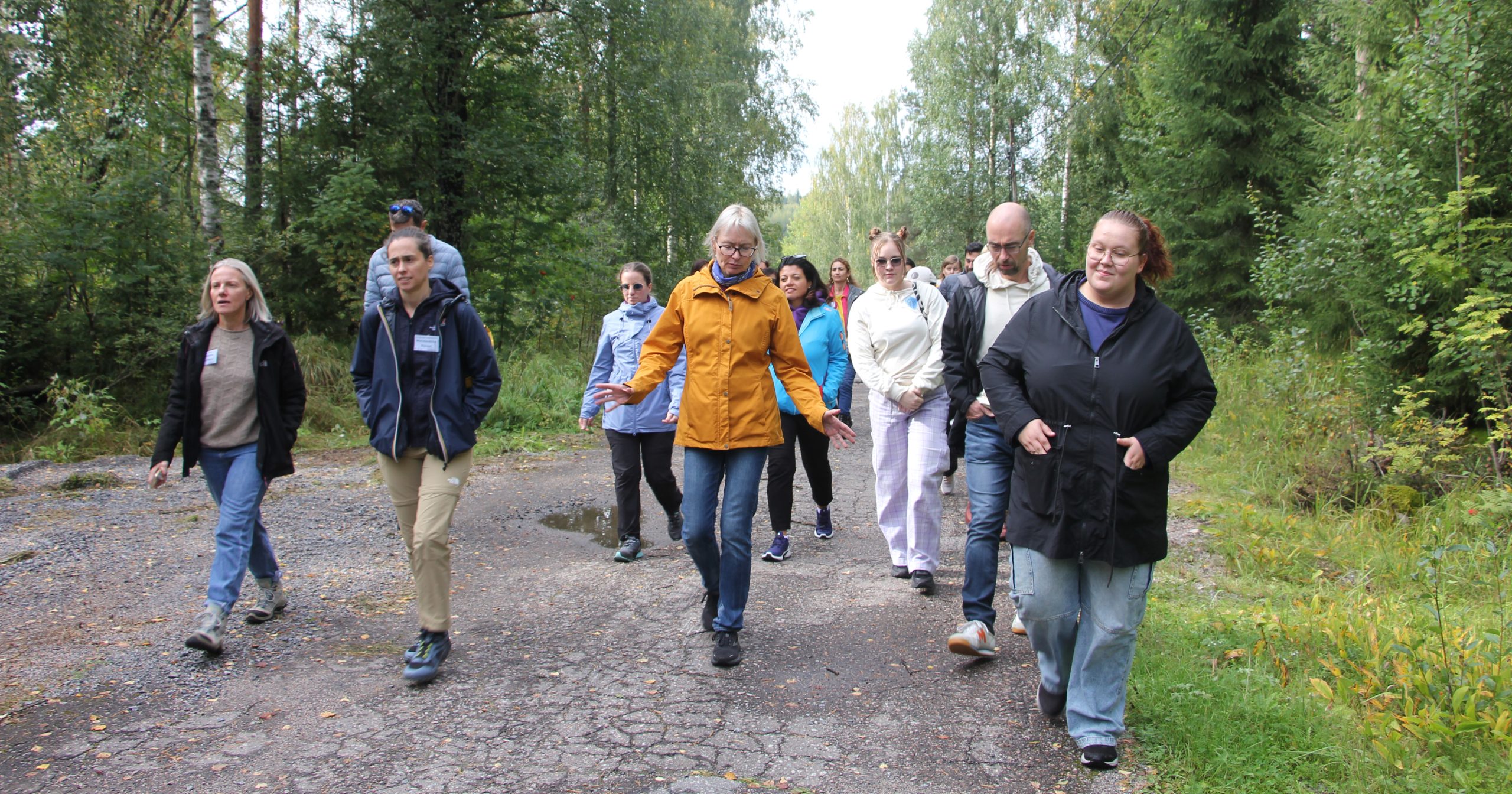 Lärarna diskuterar och rör på sig i skogen.