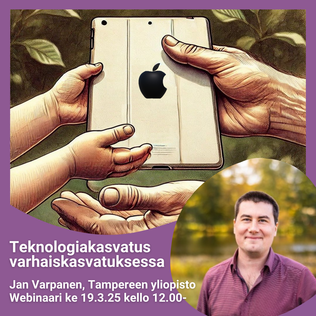 Kuvassa aikuisen kädet antavat ipad-tablettia lapsen käsiin. Alareunassa webinaarin otsikko ja kouluttajan nimi sekä kuva.